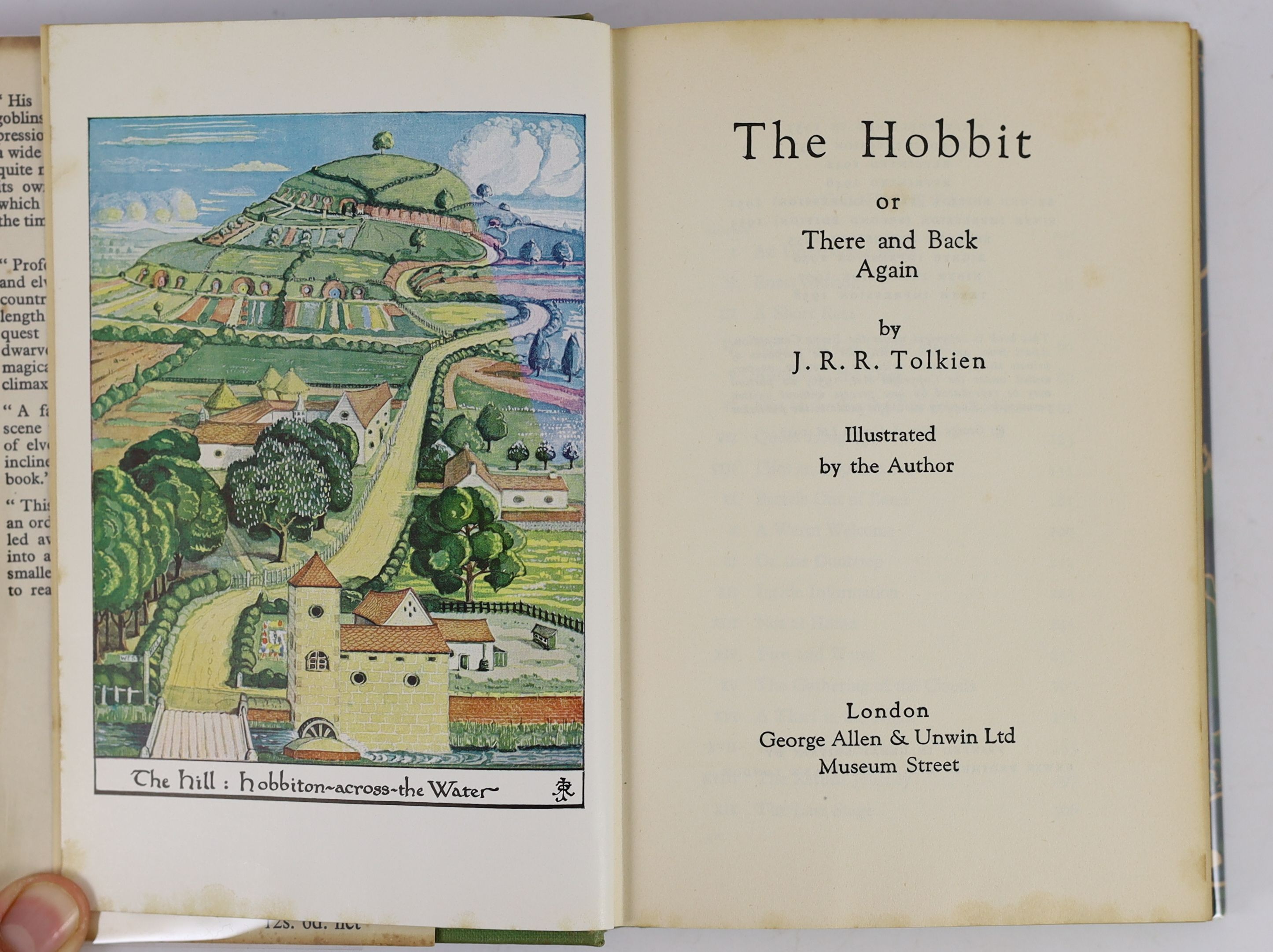 Tolkien, John Ronald Reuel - The Hobbit, 2nd edition, 10th impression, with colour frontispiece, map endpapers, original green cloth in unclipped d/j, with small loss to lower front panel and top edge, George Allen and U